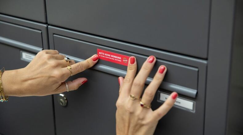 A mailbox sticker created by the group Last Advertisement that reads “No Ads Please” in German. Photo courtesy of Last Advertisement