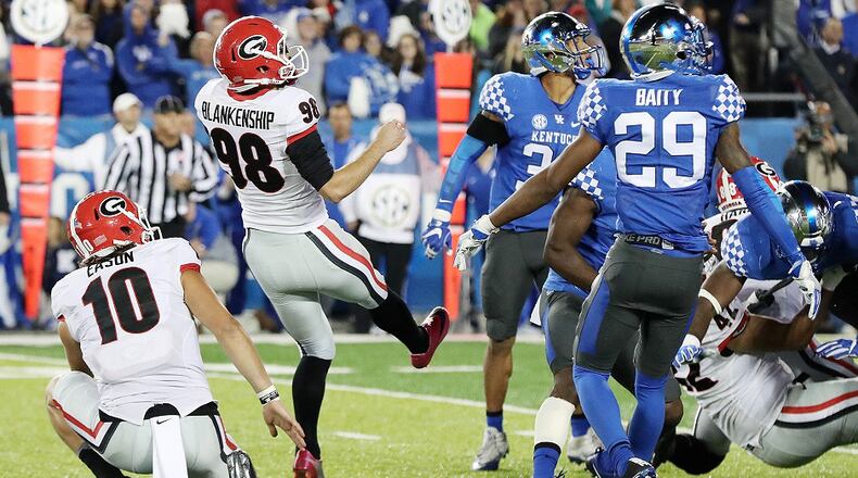 Georgia redshirt freshman kicker Rodrigo Blankenship makes a field goal as time expires to beat Kentucky 27-24 on Saturday, Nov. 5, 2016, in Lexington.    Curtis Compton /ccompton@ajc.com