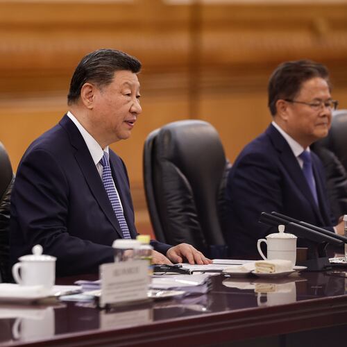 Chinese President Xi Jinping, center, attends a meeting with Pakistan's Prime Minister Shehbaz Sharif at the Great Hall of the People, in Beijing, China, Monday May 25, 2026. (Tingshu Wang/Pool Photo via AP)