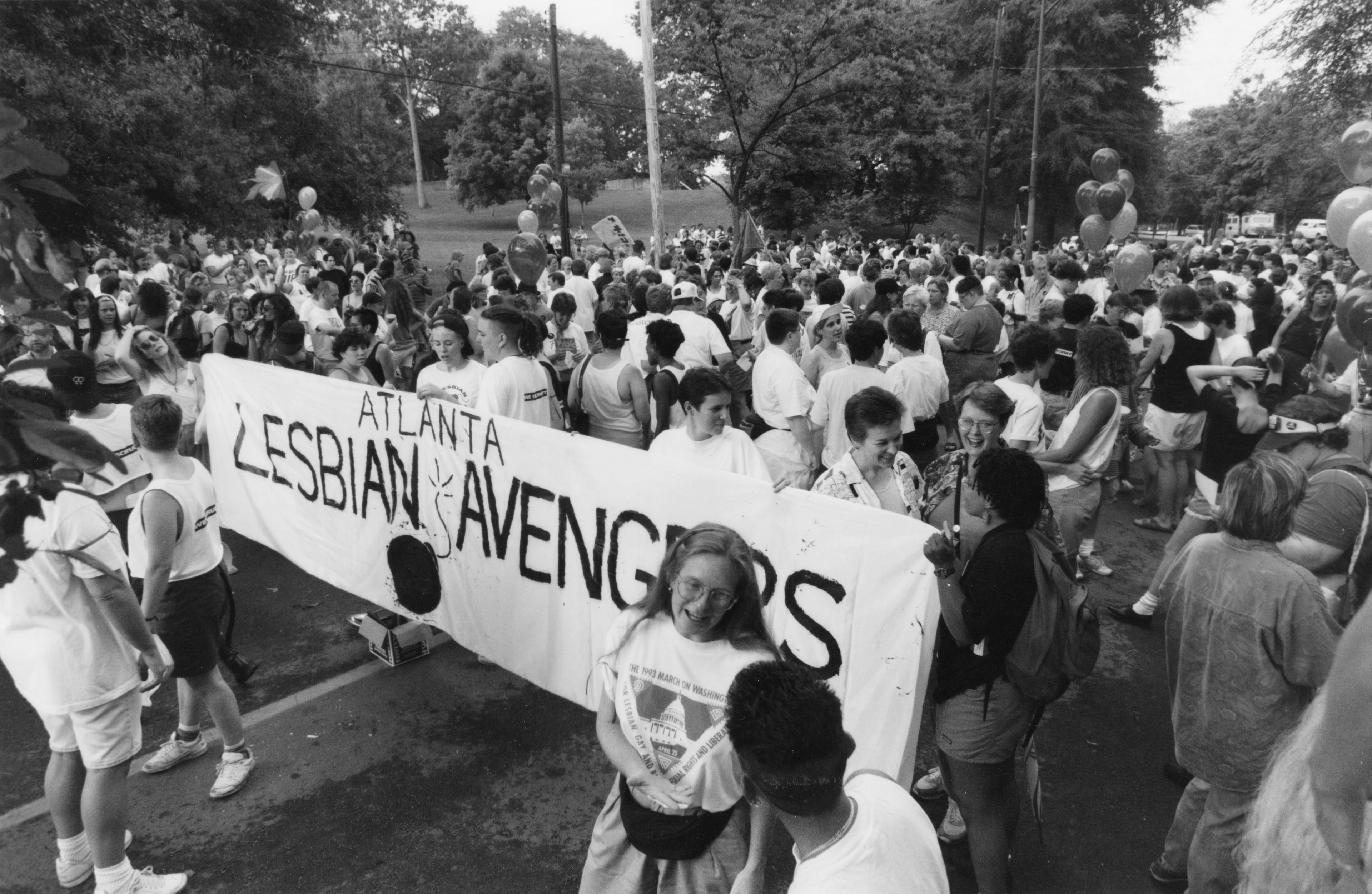 Atlanta Lesbian Avengers marching through Piedmont Park in the first Atlanta Dyke Parade, 1993. (Atlanta Journal-Constitution Photographic Archives. Special Collections and Archives, Georgia State University Library.)