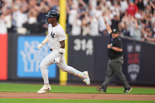 New York Yankees' Jazz Chisholm Jr. runs the bases after hitting a three-run home run during the first inning of a baseball game against the Boston Red Sox, Friday, June 6, 2025, in New York. (AP Photo/Frank Franklin II)