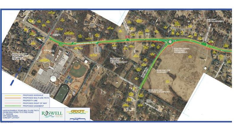 Map depicts Roswell’s Hardscrabble Green Loop Complete Street Project. The city has awarded a $113,585 landscaping contrat to replace trees lost during construction. CITY OF ROSWELL