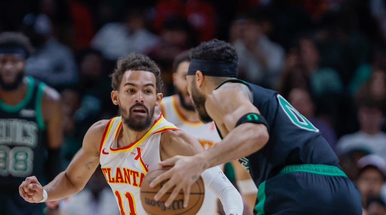 Hawks guard Trae Young suffered a rib injury against the Celtics Monday at State Farm Arena.