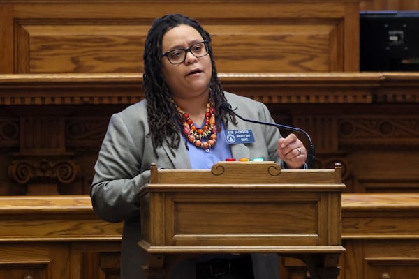 Sen. Kim Jackson, D-Stone Mountain, speaks against SB 30 in the Senate Chambers during legislative day 26 in the State Capitol, Monday, March, 3, 2025, in Atlanta.  (Jason Getz / AJC)