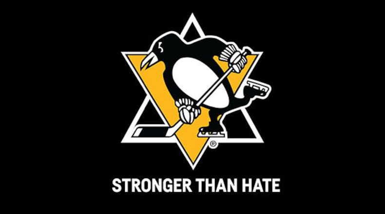 An example of the 'Stronger Than Hate' patches the Pittsburgh Penguins are wearing on their jerseys to honor the victims of the Tree of Life synagogue massacre.