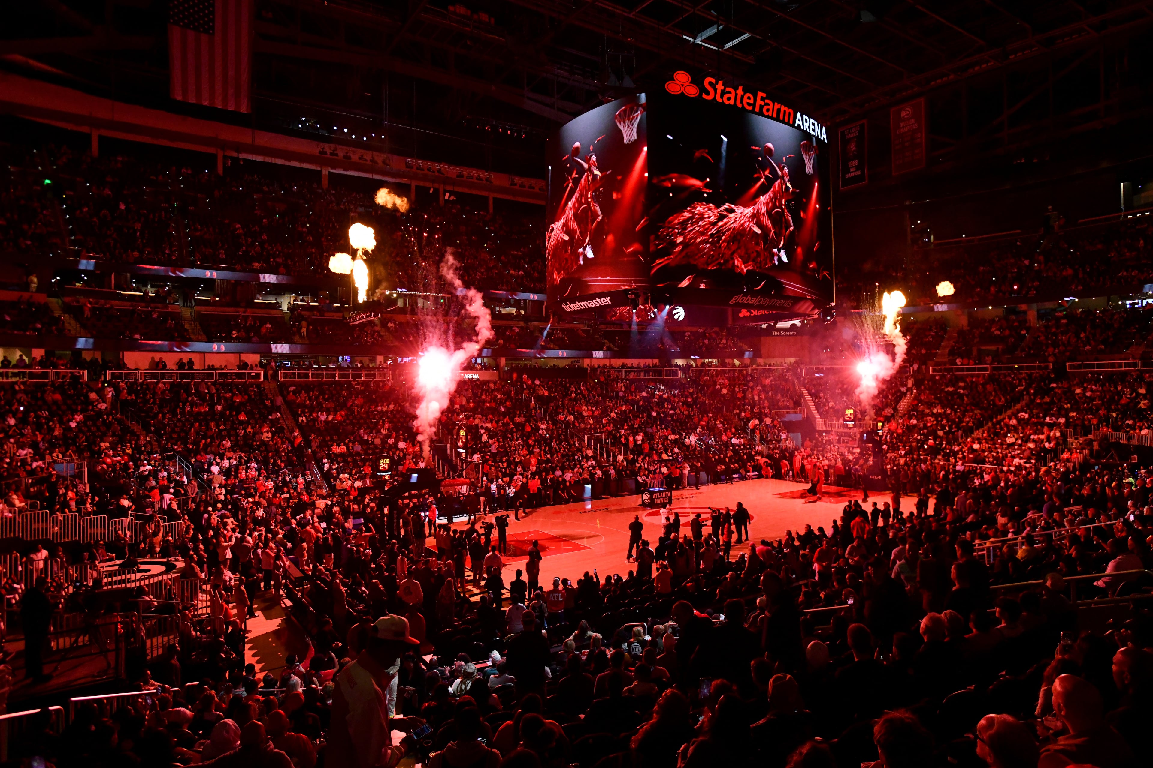 Players are introduced prior to the Atlanta Hawks home opener against Toronto Raptors at State Farm Arena, Thursday, October 22, 2025, in Atlanta. (Hyosub Shin / AJC)