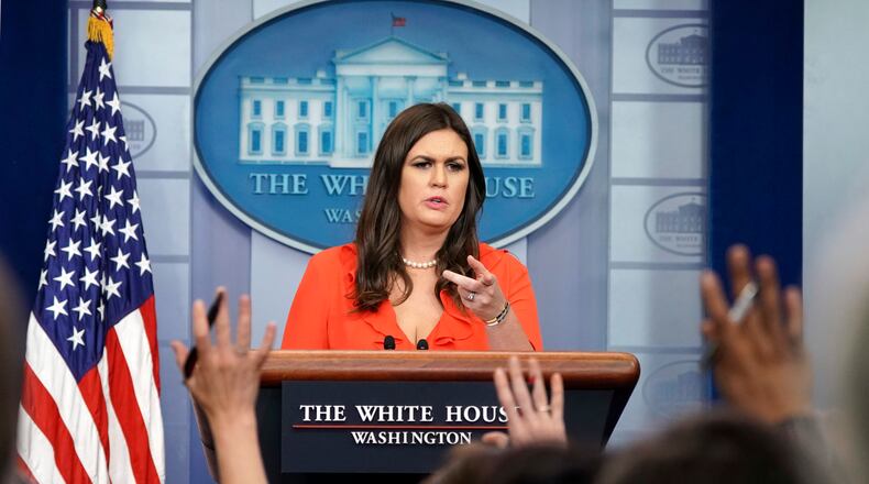 White House press secretary Sarah Huckabee Sanders takes questions from the media during the daily briefing in the Brady Press Briefing Room of the White House, Tuesday, Oct. 24, 2017. (AP Photo/Pablo Martinez Monsivais)