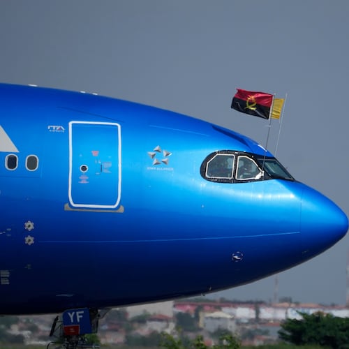 The plane carrying Pope Leo XIV arrives in Luanda, Angola, Saturday, April 18, 2026 on the sixth day of his 11-day pastoral visit to Africa. (AP Photo/Themba Hadebe)