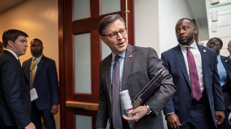 “The House has done it’s job here,” Speaker Mike Johnson told reporters after lawmakers cast their final votes until at least Nov. 9. (J. Scott Applewhite/AP)