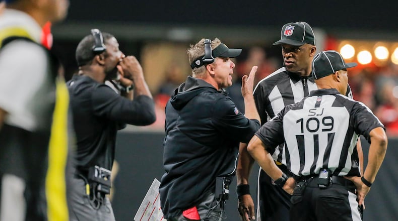 12/07/2017 -- Atlanta, GA, - New Orleans Saints head coach Sean Payton talks with referees during the first half of the game at Mercedes-Benz Stadium, Thursday, December 7, 2017. ALYSSA POINTER/ALYSSA.POINTER@AJC.COM