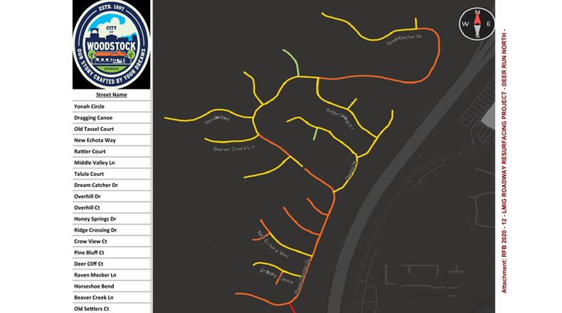 Map depicts streets to be resurfaced in the Deer Run North subdivision, Woodstock, under a paving contract awarded by the City Council. CITY OF WOODSTOCK