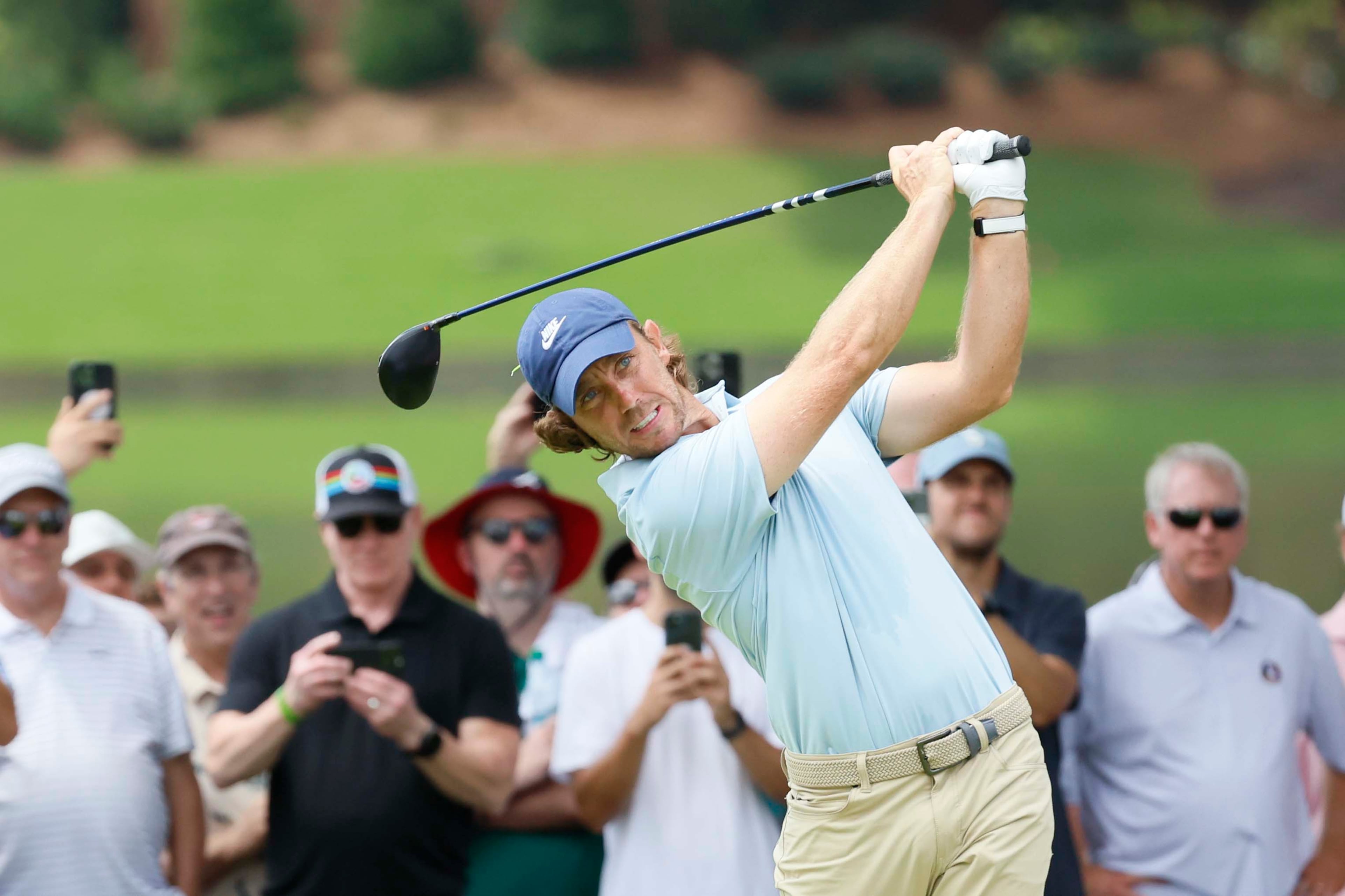 Tommy Fleetwood, from England, tees off on the fourth hole during the final round of the PGA Tour Championship at East Lake Golf Club on Sunday, Aug. 24, 2025, in Atlanta.
(Miguel Martinez/ AJC)