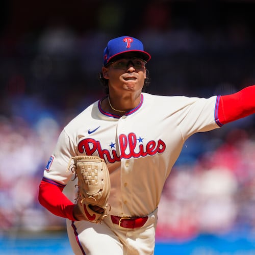 Philadelphia Phillies pitcher Jesús Luzardo throws during the first inning of a baseball game against the Atlanta Braves, Monday, Sept. 7, 2026, in Philadelphia. (AP Photo/Derik Hamilton)