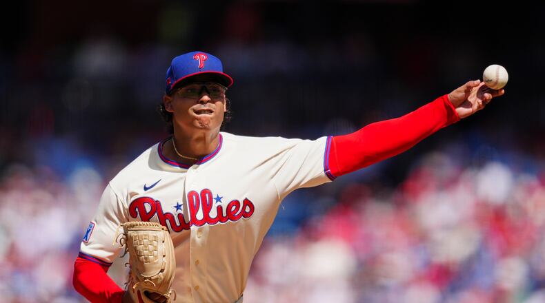 Philadelphia Phillies pitcher Jesús Luzardo throws during the first inning of a baseball game against the Atlanta Braves, Monday, Sept. 7, 2026, in Philadelphia. (AP Photo/Derik Hamilton)