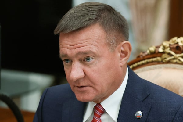 FILE - Transport Minister Roman Starovoyt attends a meeting with Russian President Vladimir Putin at the Kremlin in Moscow, Russia, Thursday, Jan. 30, 2025. (Gavriil Grigorov, Sputnik, Kremlin Pool Photo via AP, file)