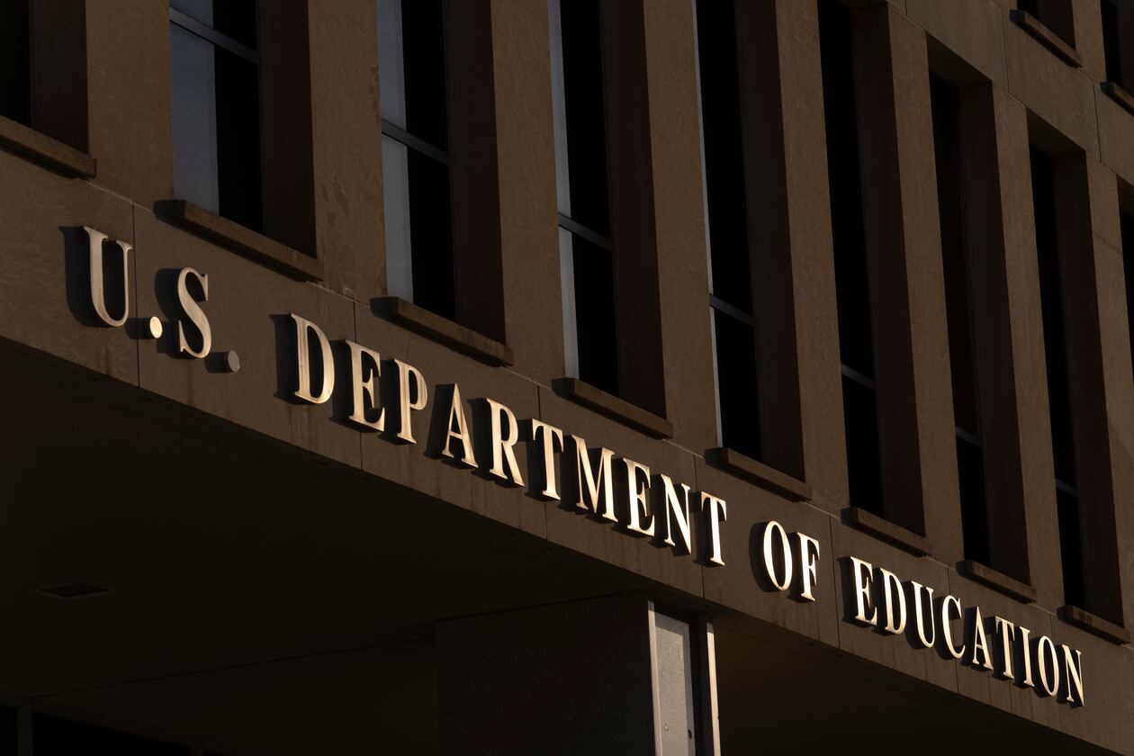 FILE - The headquarters of the U.S. Department of Education, March 12, 2025, in Washington. (AP Photo/Mark Schiefelbein, File)