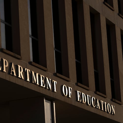 FILE - The headquarters of the U.S. Department of Education, March 12, 2025, in Washington. (AP Photo/Mark Schiefelbein, File)