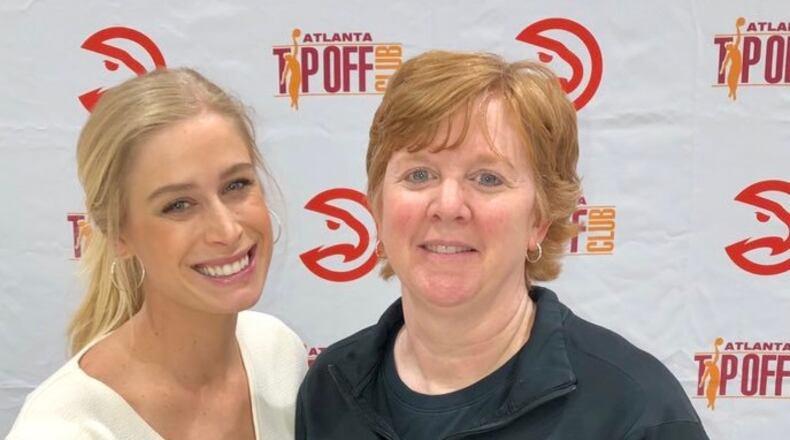 Wesleyan hired Brookwood coach Carolyn Whitney (left) as the replacement for Jan Azar (right). Witney is a former Wesleyan player and assistant coach on Azar’s staff. She led Brookwood this season to its first region title since 2011. The two are seen here after a December, 2018, game in which Wesleyan defeated Brookwood in the Hawks-Naismith Classic at Norcross.