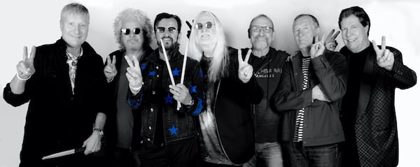 The current lineup of Ringo Starr and His All Starr Band features, from left, Gregg Bissonette, Steve Lukather, Ringo Starr, Edgar Winter, Colin Hay, Hamish Stuart and Warren Ham. Photo: Courtesy of Scott Robert Ritchie