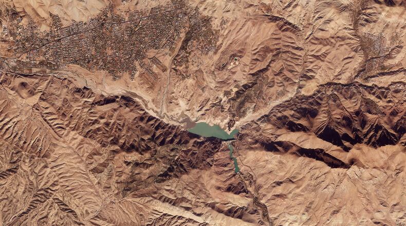 This satellite picture from Planet Labs PBC shows Latyan Dam outside of Tehran, Iran, Nov. 19, 2025. (Planet Labs PBC via AP)