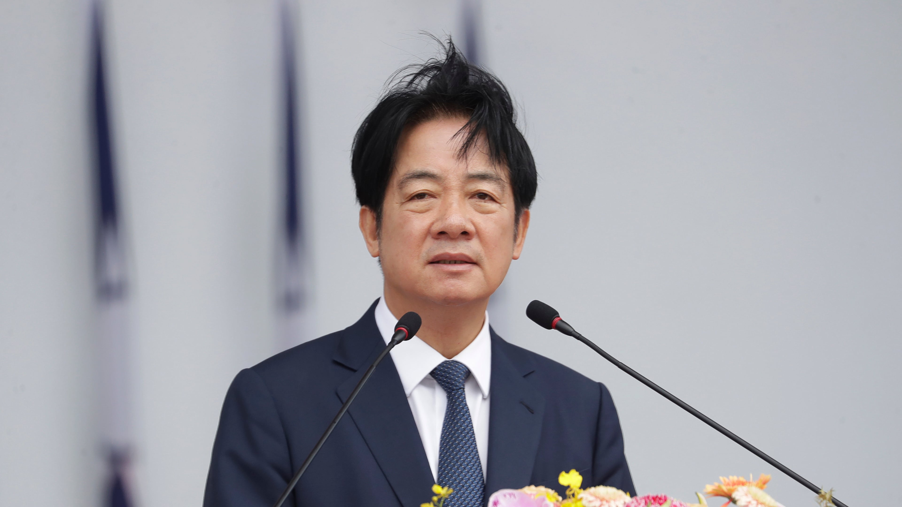 Taiwan's President Lai Ching-te delivers a speech during the inauguration ceremony of M1A2T Abrams Main Battle Tanks in Hsinchu County, Taiwan, Friday, Oct. 31, 2025. (AP Photo/Chiang Ying-ying)