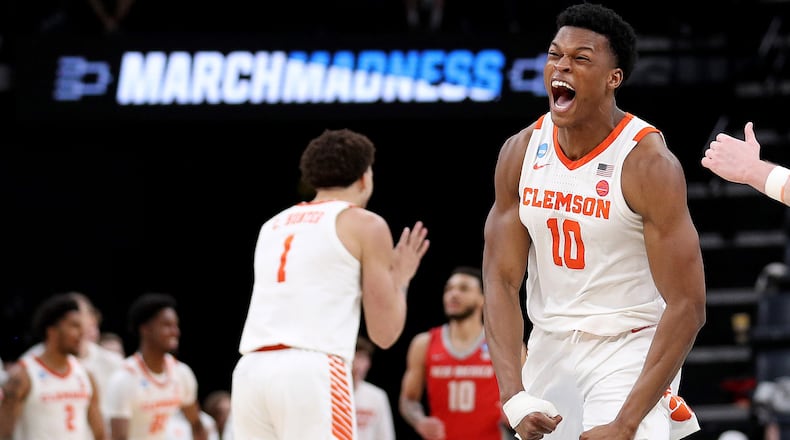 Clemson's RJ Godfrey (10) celebrates during action against New Mexico in the first round of the NCAA Tournament at FedExForum on Friday, March 22, 2024, in Memphis, Tennessee. (Justin Ford/Getty Images/TNS)