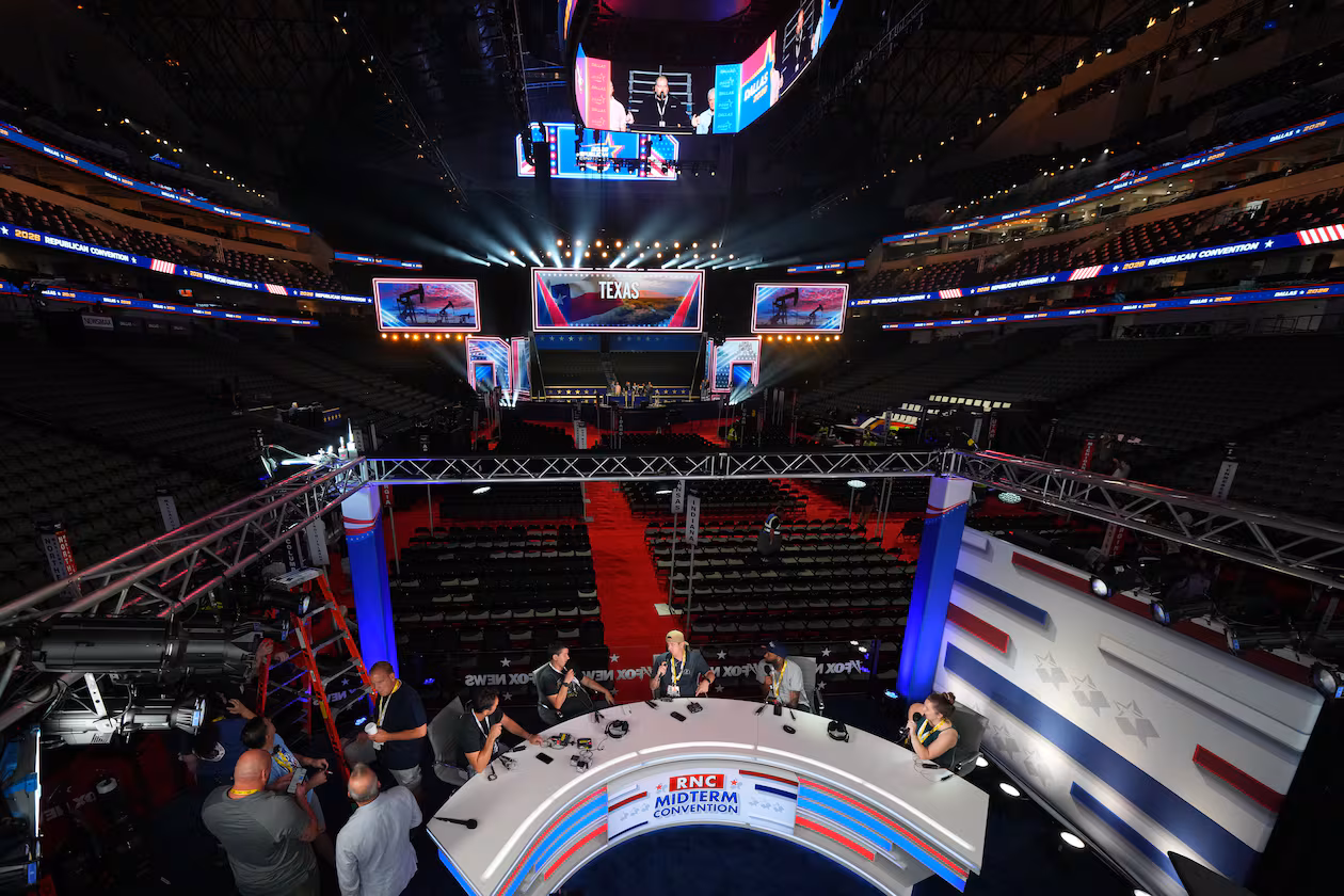 Production members test a stage on Tuesday ahead of the Republican midterm convention in Dallas, Texas. (Julio Cortez/AP)