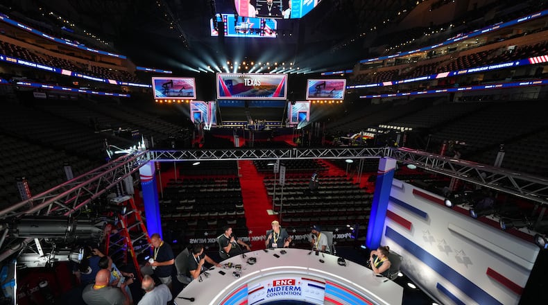 Production members test a stage on Tuesday ahead of the Republican midterm convention in Dallas, Texas. (Julio Cortez/AP)
