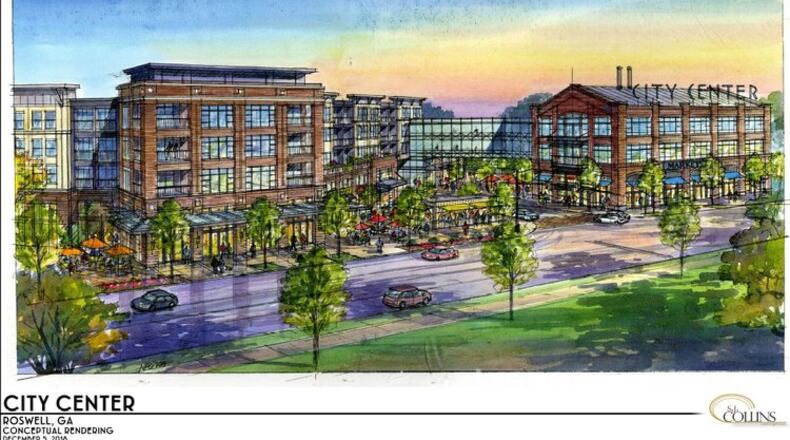 Artist’s rendering depicts “City Center,” the mixed-use project proposed by S.J. Collins Enterprises for the Southern Skillet site in Roswell. ROSWELL DOWNTOWN DEVELOPMENT AUTHORITY