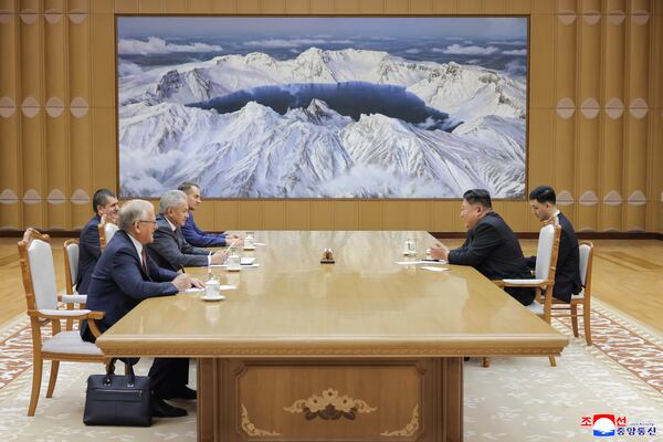 In this photo provided by the North Korean government, Russian Security Council Secretary Sergei Shoigu, third left, meets with North Korean leader Kim Jong Un, second right, at the headquarters of the ruling Workers' Party in Pyongyang, North Korea, Tuesday, June 17, 2025. Independent journalists were not given access to cover the event depicted in this image distributed by the North Korean government. The content of this image is as provided and cannot be independently verified. Korean language watermark on image as provided by source reads: "KCNA" which is the abbreviation for Korean Central News Agency. (Korean Central News Agency/Korea News Service via AP)
