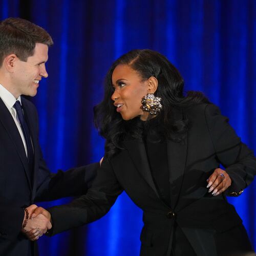 Texas state Rep. James Talarico, D-Austin, left, shakes hands with Rep. Jasmine Crockett, D-Texas, prior a debate during the Texas AFL-CIO Committee on Political Education Convention, Saturday, Jan. 24, 2026, in Georgetown, Texas. (Bob Daemmrich/Texas Tribune via AP, Pool)