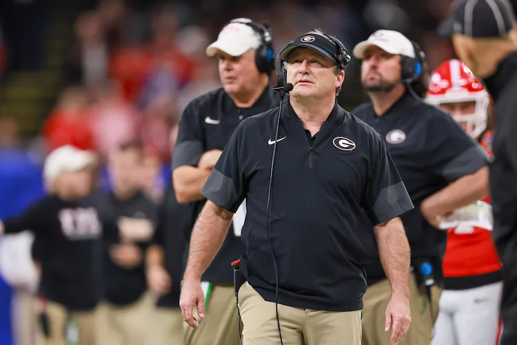 Georgia Bulldogs head coach Kirby Smart works the sideline during the first half of the Georgia vs. Ole Miss NCAA College Football Playoff quarterfinal game at the Sugar Bowl in the Caesars Superdome, Thursday, Jan. 1, 2026, in New Orleans. (Jason Getz/AJC)
