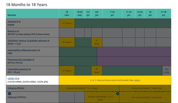 The Centers for Disease Control and Prevention has updated its list of suggested routine immunizations for children to include COVID-19 vaccinations. This excerpt highlights the COVID-19 recommendations for children from 18 months up to adulthood. (CDC)