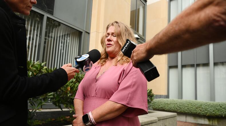 Victoria Hicks gets emotional after talking about her daughter with the media outside court after tech giant Meta agreed to pay $17 billion as part of a settlement to end a landmark trial over teen social media addiction on Wednesday, Aug. 26, 2026, in Oakland, Calif. (Noah Berger/AP)