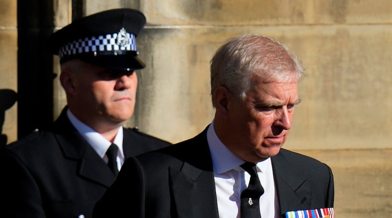 FILE - Prince Andrew leaves St. Giles Cathedral after the arrival of the coffin containing the remains of his mother Queen Elizabeth, in Edinburgh, Scotland, Sept. 12, 2022. (AP Photo/Petr David Josek, File)