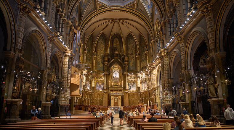 A view of the Basilica of Montserrat at the Monastery of Montserrat near Barcelona, Spain, Friday, June 5, 2026. (AP Photo/Emilio Morenatti)