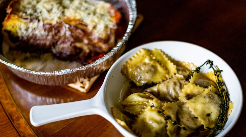 Lyla Lila's braised beef and black truffle ravioli dish (foreground) is simple to finish at home. Also seen is the restaurant’s crispy duck lasagna.