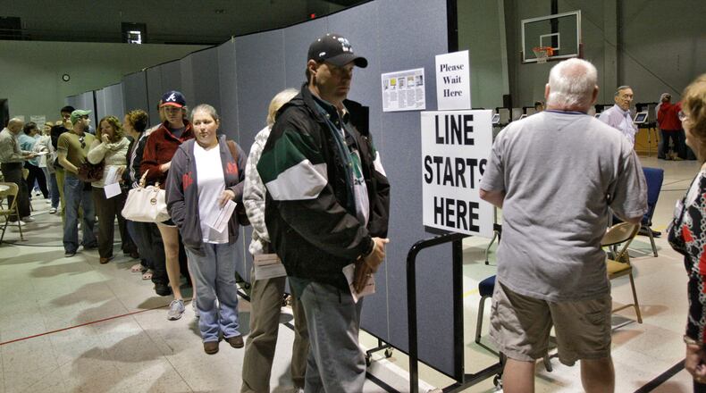 Here’s a look at the mid-morning line to vote at the Noonday Baptist Church in Marietta.