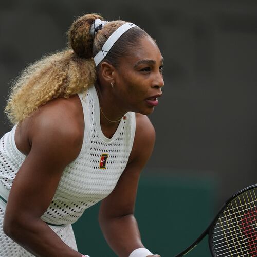 Serena Williams of the United States waits for the service of her rival Maya Joint of Australia in their first round women's singles match at the Wimbledon Tennis Championships in London, Tuesday, June 30, 2026. (AP Photo/Maja Smiejkowska)