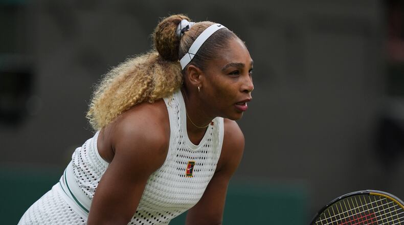Serena Williams of the United States waits for the service of her rival Maya Joint of Australia in their first round women's singles match at the Wimbledon Tennis Championships in London, Tuesday, June 30, 2026. (AP Photo/Maja Smiejkowska)