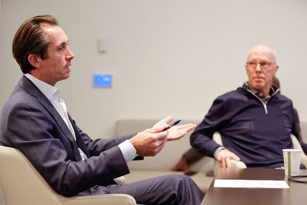 Ryan Marshall, (left) president and CEO of PulteGroup, is the 2025 Metro Atlanta Chamber board chairman. Chamber leaders including Marshall and Rich McKay, (right) CEO of AMB Sports and Entertainment and the Atlanta Falcons, met at The Atlanta Journal-Constitution office for an editorial board meeting on Monday, Oct. 27, 2025. (Natrice Miller/AJC)