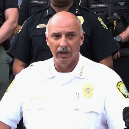 In this image made from video provided by WLTX News19, Columbia police Chief W.H. “Skip” Holbrook speaks during a news conference about a shooting that killed one of the department’s officers and injured at least one other, in Columbia, S.C., Saturday, Aug. 29, 2026. (WLTX via AP)