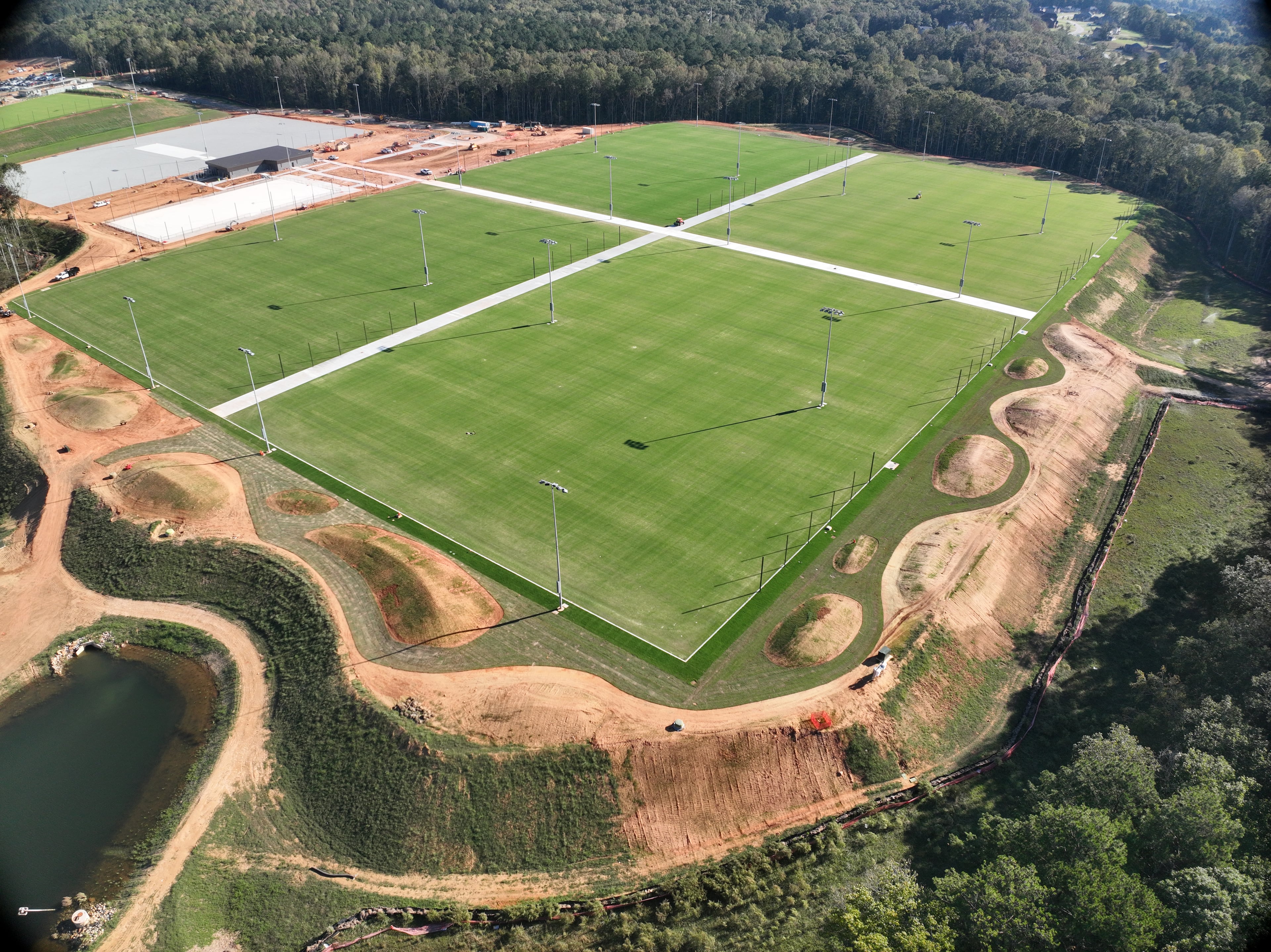 The Arthur M. Blank U.S. Soccer National Training Center is scheduled to open in spring 2026. There are eight grass fields at the southern end of the complex. (Brassfield & Gorrie)