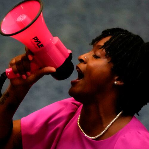State Rep. Angie Nixon, D-Fla., speaks loudly on the House floor as the House voted on HB1D, a redistricting bill, during a special session of the Florida Legislature, Wednesday, April 29, 2026, in Tallahassee, Fla. (AP Photo/Mike Stewart)
