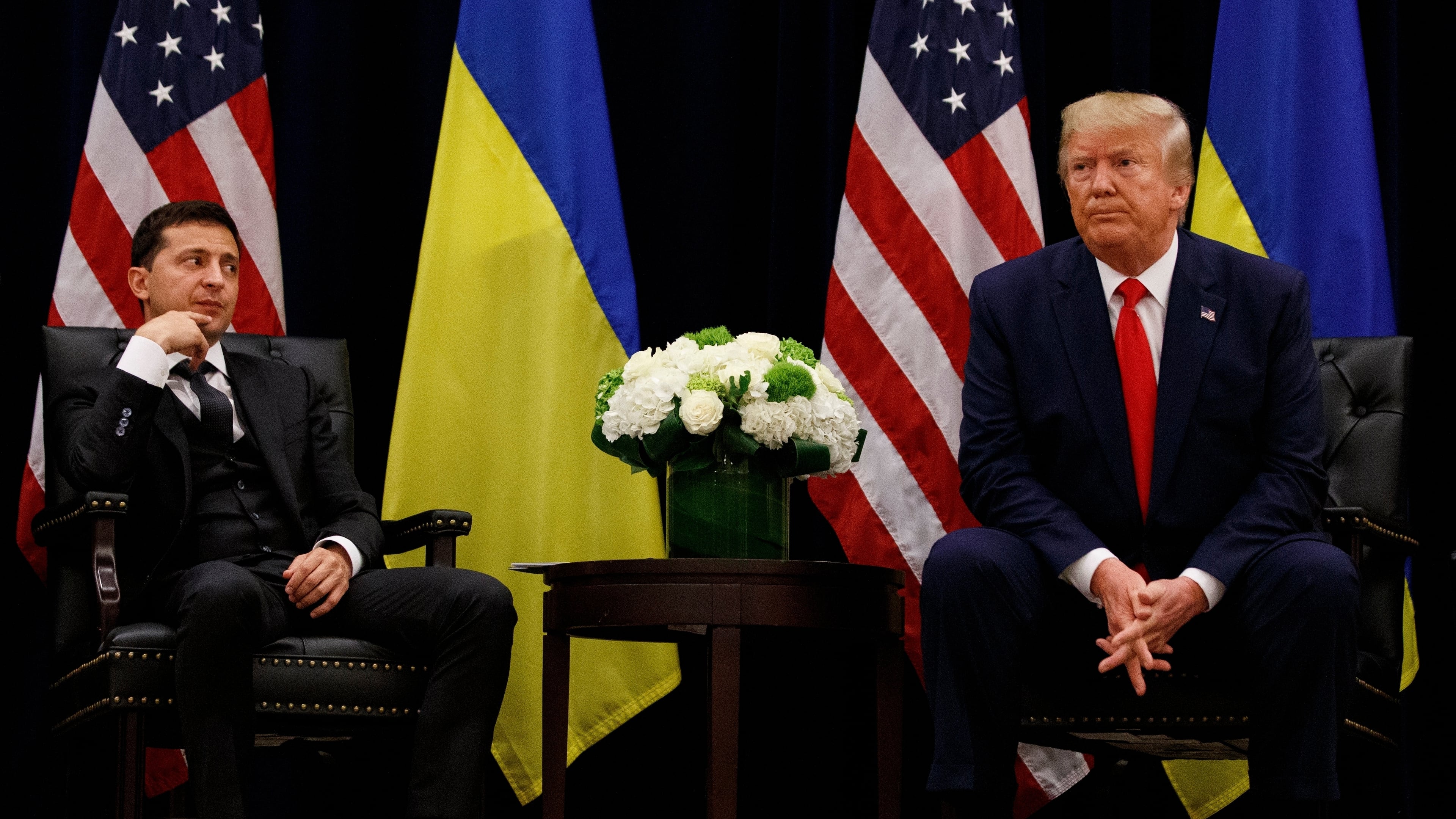 FILE - In this file photo taken Sept. 25, 2019, U.S. President Donald Trump meets with Ukrainian President Volodymyr Zelenskiy at the InterContinental Barclay New York hotel during the United Nations General Assembly, in New York. (AP Photo/Evan Vucci, File)