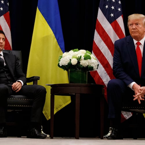 FILE - In this file photo taken Sept. 25, 2019, U.S. President Donald Trump meets with Ukrainian President Volodymyr Zelenskiy at the InterContinental Barclay New York hotel during the United Nations General Assembly, in New York. (AP Photo/Evan Vucci, File)
