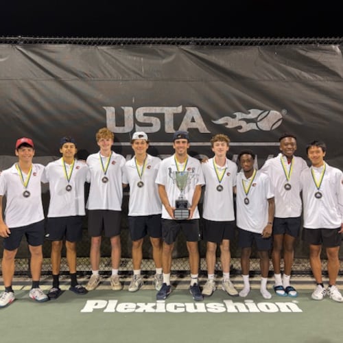 Greater Atlanta Christian won the National High School Tennis Championship at the USTA National Campus in Orlando, Florida, in February. Pictured, from left, are Brady Gessner, Santi Bisogno, Jack Morrison, Marcello Bisogno, Harrison Kemp, Alexander Paden, Freddy Dougah, Jason Eigbedion and Simon Dong. Ben Hawkins is not pictured. The event was an invitational of the eight highest-rated teams nationwide based on Universal Tennis Rating. (Courtesy of Greater Atlanta Christian)