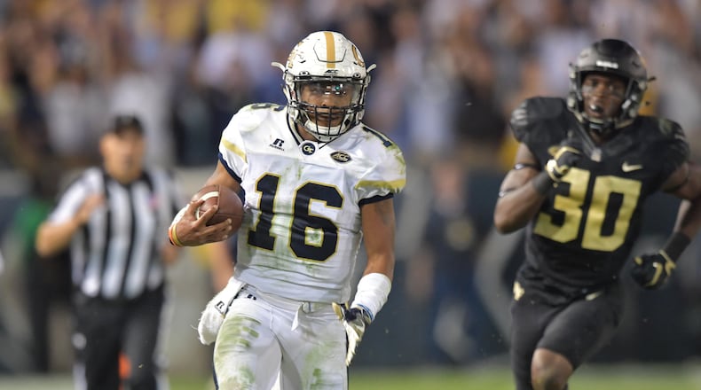 October 21, 2017 Atlanta - Georgia Tech quarterback TaQuon Marshall (16) runs for a touchdown in the second half of an NCAA college football game at Bobby Dodd Stadium on Saturday, October 21, 2017. Georgia Tech beat Wake Forest 38-24. HYOSUB SHIN / HSHIN@AJC.COM