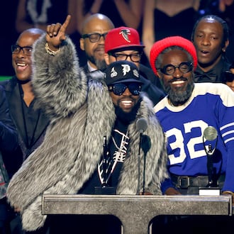 Inductees Big Boi and André 3000 of Outkast speak onstage during the 2025 Rock & Roll Hall of Fame Induction Ceremony at Peacock Theater on November 08, 2025 in Los Angeles, California. (Photo by Kevin Kane/Getty Images for RRHOF)