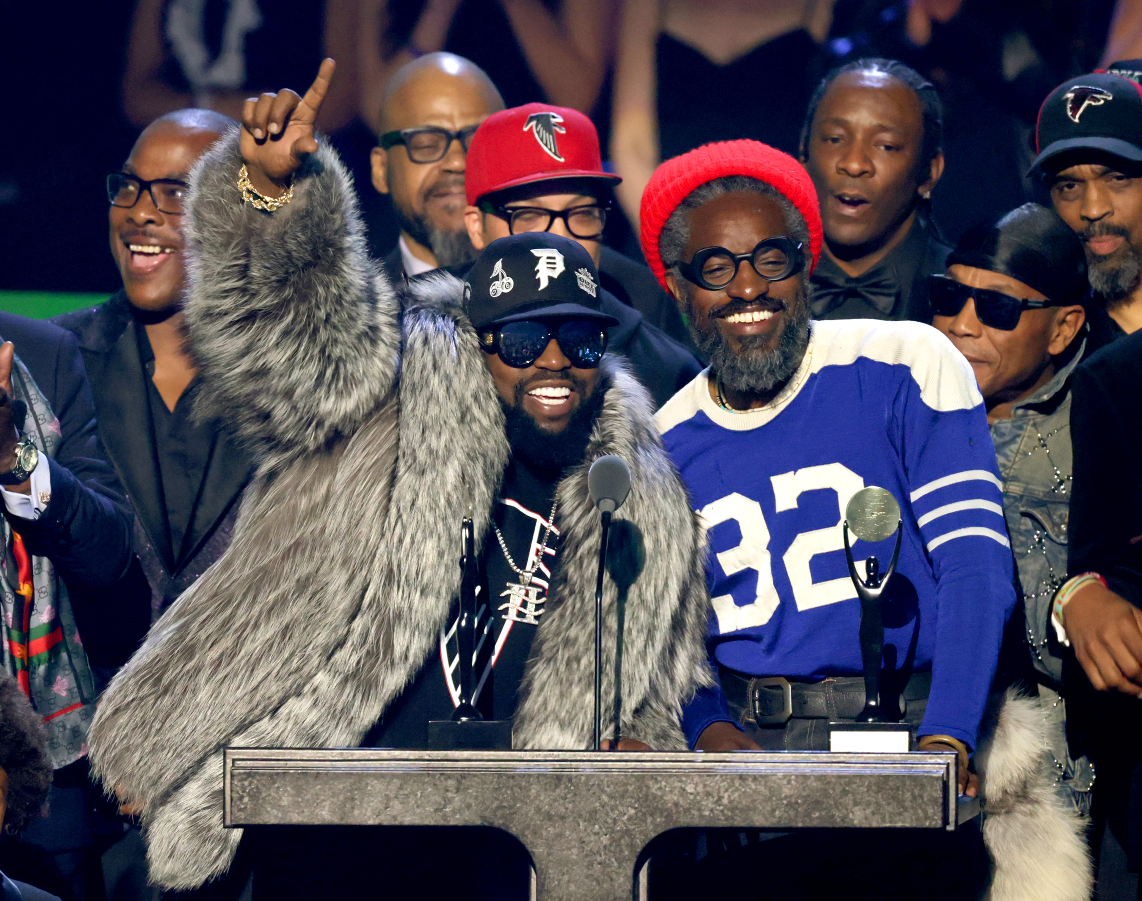 Inductees Big Boi and André 3000 of Outkast speak onstage during the 2025 Rock & Roll Hall of Fame Induction Ceremony at Peacock Theater on November 08, 2025 in Los Angeles, California. (Photo by Kevin Kane/Getty Images for RRHOF)